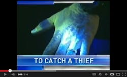UV-fluorescent &ldquo;paint&rdquo; called SmartWater can be sprayed on personal assets or on thieves themselves to identify robbery suspects and stolen property. To view video, see http://youtu.be/MqsPxdtxE8Y.