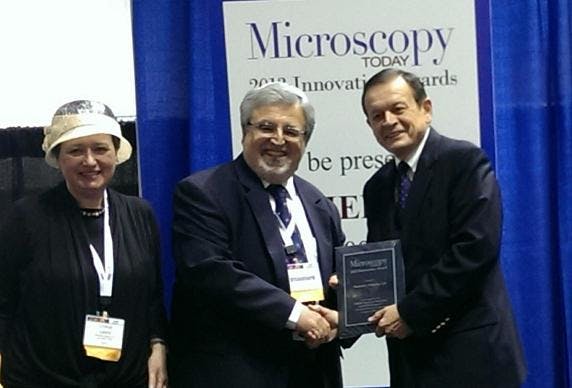 Nanonics founders Aaron and Chaya Lewis accept the 2013 Microscopy Today Innovation Award at the 2013 Microscopy and Microanalysis meeting in Indianapolis. (Image credit: Nanonics)