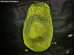 A fingerprint is revealed on a plastic material.