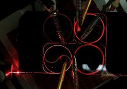 An ultra-low loss, true-time delay chip developed at the University of California, Santa Barbara (UCSB) has four different delay lines. An ultra-low loss, true-time delay chip developed at the University of California, Santa Barbara (UCSB) has four different delay lines.