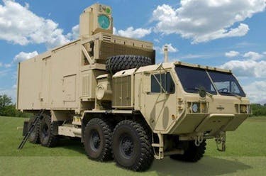 The High Energy Laser Mobile Demonstrator is mounted in a Heavy Expanded Mobility Tactical Truck (HEMTT), an 8 &times; 8 truck able to carry a 16.5 ton payload.