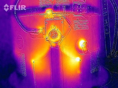 Image of a water heater by FLIR's iPhone-based device reveals thermal leaks.