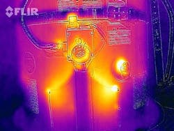 Image of a water heater by FLIR&apos;s iPhone-based device reveals thermal leaks.