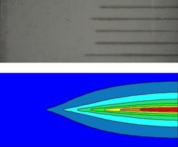 Images show laser-induced damage tracks in an optical crystal (top) and the distribution of temperature in the crystal as a laser beam passes through (bottom).