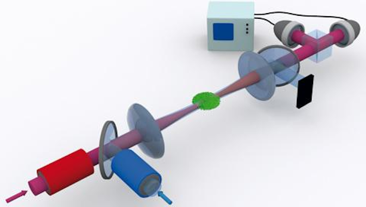 Illustration of the experimental setup for a single-photon quantum switch shows an atomic cloud (green) held in an optical dipole trap and irradiated with light pulses from a control (blue) and a signal beam (red). (Image credit: MPQ, Quantum Dynamics Division)