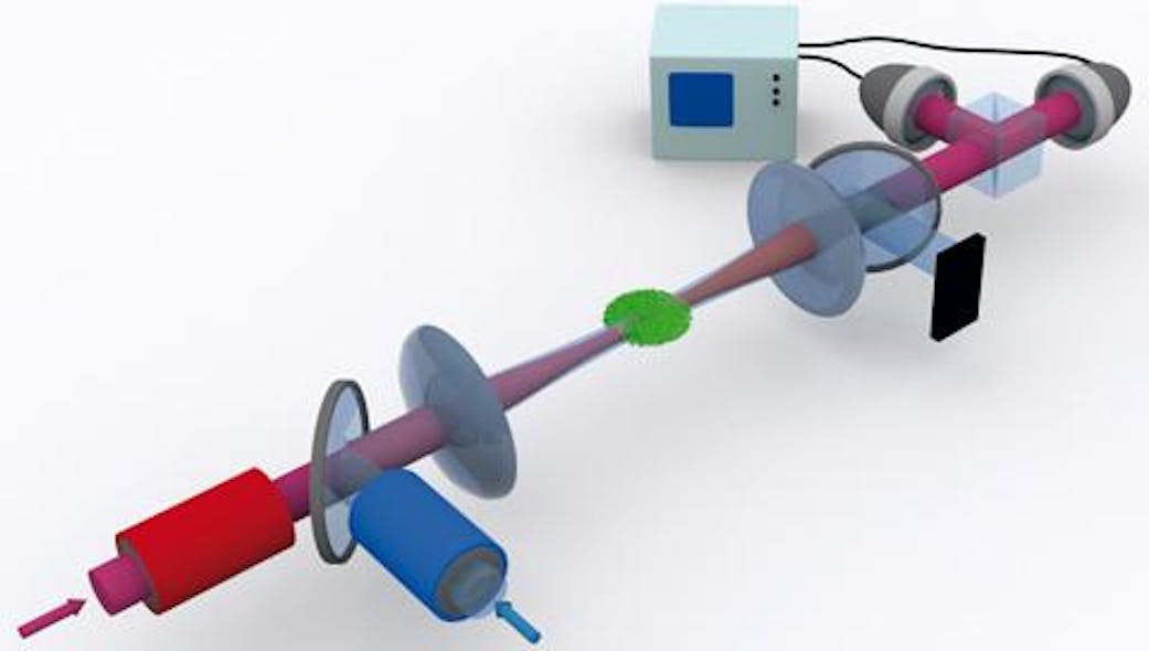 Illustration of the experimental setup for a single-photon quantum switch shows an atomic cloud (green) held in an optical dipole trap and irradiated with light pulses from a control (blue) and a signal beam (red).