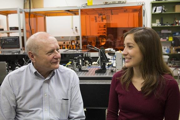 James C. Wyant with Maria Ruiz, a first-year graduate student at the College of Optical Sciences. She is the current recipient of the Louise Wyant Memorial Scholarship in Optical Sciences. (Image credit: UA College of Optical Sciences)