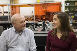 James C. Wyant with Maria Ruiz, a first-year graduate student at the College of Optical Sciences. She is the current recipient of the Louise Wyant Memorial Scholarship in Optical Sciences. (Image credit: UA College of Optical Sciences)