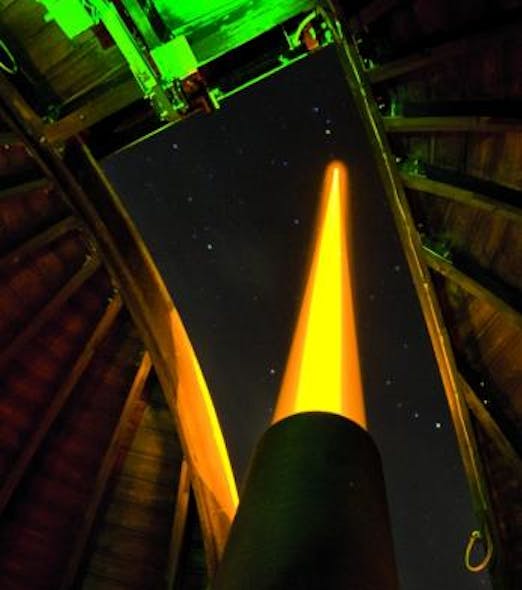 ESO&rsquo;s portable guide-star laser unit is shown in operation during field tests at the Allg&auml;u Public Observatory.