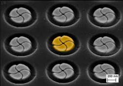 Array of golden chiral nanoparticles.