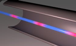 An artist's rendering of the fiber optic flow sensor. The red sections along the optical fiber are the sensors; hundreds of these sensors can be packed into a single fiber. An artist's rendering of the fiber optic flow sensor. The red sections along the optical fiber are the sensors; hundreds of these sensors can be packed into a single fiber.