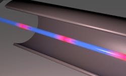 An artist's rendering of the fiber optic flow sensor. The red sections along the optical fiber are the sensors; hundreds of these sensors can be packed into a single fiber. An artist's rendering of the fiber optic flow sensor. The red sections along the optical fiber are the sensors; hundreds of these sensors can be packed into a single fiber.