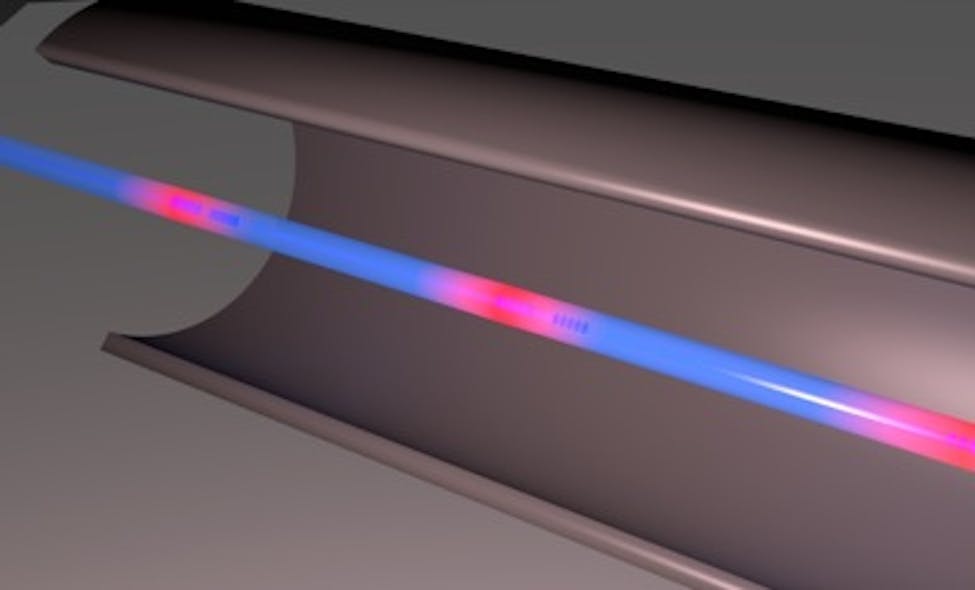 An artist&apos;s rendering of the fiber optic flow sensor. The red sections along the optical fiber are the sensors; hundreds of these sensors can be packed into a single fiber.