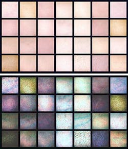 NIST researchers are gathering skin reflectance data to establish the variation found in human tissue in order to develop reference standards for hyperspectral imaging applications. The top image shows skin as normally viewed. At bottom are the same images with enhanced contrast in false color to show the variability between subjects.