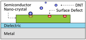 The plasmon laser sensor consists of a thin slab of semiconductor separated from a metal surface by a dielectric gap layer. Surface defects on the semiconductor interact with molecules of the explosive DNT.