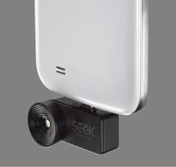 A Seek thermal camera is plugged into an Android phone.