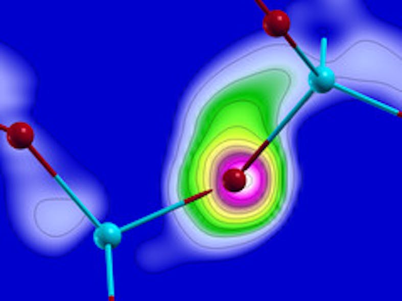 Computer simulations show the electron flux from one atom to the others as quartz glass is illuminated by ultrafast, ultrashort laser pulses.