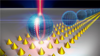 An artist's sketch of a hybrid optoplasmonic system shows microspheres (blue) and a nanoplasmonic surface (gold spikes).