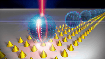 An artist&apos;s sketch of a hybrid optoplasmonic system shows microspheres (blue) and a nanoplasmonic surface (gold spikes).