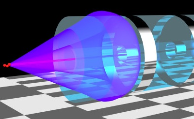 An artist's depiction shows a Cerenkov radiation cone emitted by a particle traveling from left to right.