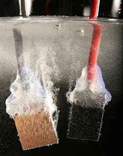 Tiny bubbles escape from perovskite electrodes as soon as the solar cells are exposed to light. Tiny bubbles escape from perovskite electrodes as soon as the solar cells are exposed to light.
