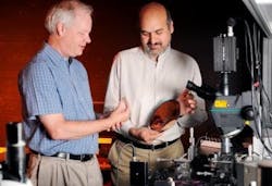 Georgia Tech researchers Ken Sandhage, left, and Ali Adibi examine a porous-silicon optical sensing device and a silicon wafer.