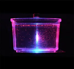 A vertical migration of newly hatched A. salina (a species of brine shrimp, commonly known as Sea-Monkeys) is triggered by means of a blue luminescent signal. Animals migrated from the bottom to the top of the tank, following the cue of the blue luminescent signal generated by a vertical blue laser beam. A red laser sheet at the center of the tank illustrates the lack of attraction to this particular light source.
