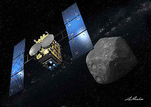 The Hayabusa-2 space probe nears the asteroid 1999 JU3 in this artist's drawing.