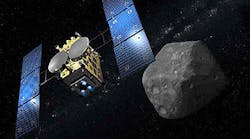 The Hayabusa-2 space probe nears the asteroid 1999 JU3 in this artist&apos;s drawing.