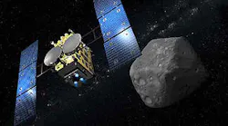 The Hayabusa-2 space probe nears the asteroid 1999 JU3 in this artist's drawing.