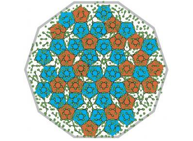 An icosahedral quasicrystal (shown here in a cross-section from the simulation by University of Michigan and Argonne National Laboratory researchers) has order and rotational symmetry, but does not have a repeating pattern.