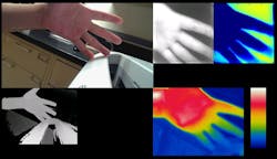 A composite image shows multiple sensing capabilities for the prototype medical sensing device developed by GE researchers with the U.S. Department of Veterans Affairs (VA) Center for Innovation. The device is now in testing with the VA to assess and monitor the progression of pressure ulcers, or bed sores. Here, a GE researcher captures an image of his hand to demonstrate the variety of image the device can show. Top-Left: Visual RGB Image; bottom-left: 3D Image; top-right: Multispectral Imaging and Recovered Feature Map and bottom-right: Thermal Imaging. Each of these provides insights to help assess whether a bed sore may be healing, getting worse, or becoming infected. A composite image shows multiple sensing capabilities for the prototype medical sensing device developed by GE researchers with the U.S. Department of Veterans Affairs (VA) Center for Innovation. The device is now in testing with the VA to assess and monitor the progression of pressure ulcers, or bed sores. Here, a GE researcher captures an image of his hand to demonstrate the variety of image the device can show. Top-Left: Visual RGB Image; bottom-left: 3D Image; top-right: Multispectral Imaging and Recovered Feature Map and bottom-right: Thermal Imaging. Each of these provides insights to help assess whether a bed sore may be healing, getting worse, or becoming infected.
