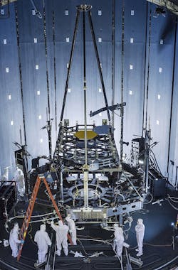 The Pathfinder backplane test model of the James Webb Space Telescope (JWST) is being prepared for its cryogenic test Inside NASA&apos;s Johnson Space Center giant thermal vacuum chamber.