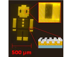 University of Illinois at Urbana-Champaign researchers fabricated a 1 mm device (named 'Robot Man') made of yellow-emitting photonic-crystal-enhanced QDs. University of Illinois at Urbana-Champaign researchers fabricated a 1 mm device (named 'Robot Man') made of yellow-emitting photonic-crystal-enhanced QDs.