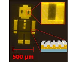 University of Illinois at Urbana-Champaign researchers fabricated a 1 mm device (named &apos;Robot Man&apos;) made of yellow-emitting photonic-crystal-enhanced QDs.
