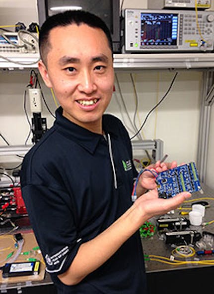University of Sydney researchers have developed quantum communications on a chip, making secure communications possible for small devices. Shown here is Chunle Xiong, who led the research team.