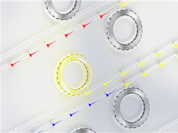 Artist visualization shows slow light, fast light, and one-way light blocking using BSIT in a series of silica microresonators (slow/red, fast/blue; central yellow shows blocking effect). Artist visualization shows slow light, fast light, and one-way light blocking using BSIT in a series of silica microresonators (slow/red, fast/blue; central yellow shows blocking effect).