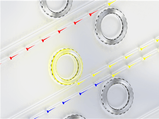 Artist visualization shows slow light, fast light, and one-way light blocking using BSIT in a series of silica microresonators (slow/red, fast/blue; central yellow shows blocking effect).