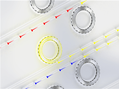 Artist visualization shows slow light, fast light, and one-way light blocking using BSIT in a series of silica microresonators (slow/red, fast/blue; central yellow shows blocking effect).
