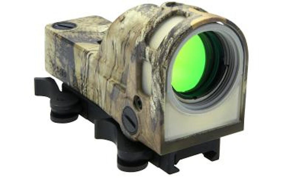 A rifle sight by Meprolight has an aiming dot illuminated by a fiber-optic light-collection system during the day and a self-powered tritium light source at night.