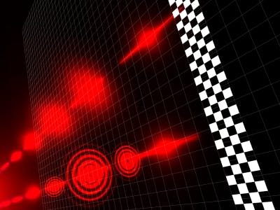 An artistic rendition shows photons reaching a checkerboard finish line at different times; that is, photons with an applied &ldquo;spatial structure&rdquo; travel slower through free space than unaltered photons.