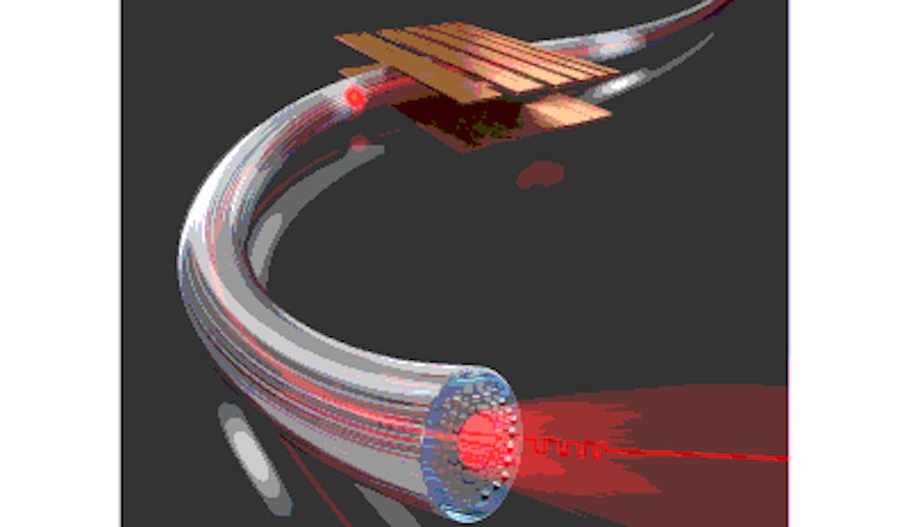 A microbead (red dot) flies through the hollow core of a photonic crystal fiber to measure different physical quantities, for example the electric field along the optical fiber produced by electrodes (top).