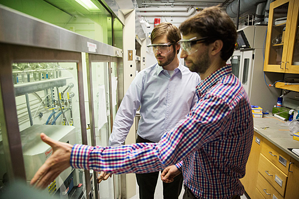 A new, first-of-its-kind technique developed by Bobby Day (left) and Max Mankin, graduate students working in the lab of Charles Lieber, the Mark Hyman Jr. Professor of Chemistry at Harvard University, could have applications in areas ranging from consumer electronics to solar panels.