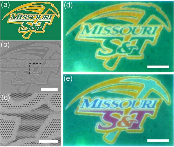 Using the Missouri S&T athletic logo (a) to demonstrate the no-ink process, a SEM image of the fabricated pattern (b) is expanded to show triangular lattices and fabricated holes (c). Optical microscopy reveals a plasmonic reproduction (d) of the original mark image containing only yellow and green colors and another image (e) presents another four distinct colors. Scale bars: 10 &mu;m (b, d and e); 2 &mu;m (c).