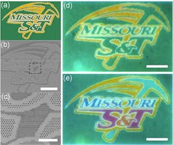 Using the Missouri S&T athletic logo (a) to demonstrate the no-ink process, a SEM image of the fabricated pattern (b) is expanded to show triangular lattices and fabricated holes (c). Optical microscopy reveals a plasmonic reproduction (d) of the original mark image containing only yellow and green colors and another image (e) presents another four distinct colors. Scale bars: 10 μm (b, d and e); 2 μm (c). Using the Missouri S&T athletic logo (a) to demonstrate the no-ink process, a SEM image of the fabricated pattern (b) is expanded to show triangular lattices and fabricated holes (c). Optical microscopy reveals a plasmonic reproduction (d) of the original mark image containing only yellow and green colors and another image (e) presents another four distinct colors. Scale bars: 10 μm (b, d and e); 2 μm (c).