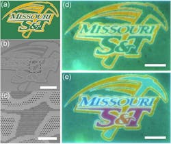 Using the Missouri S&amp;T athletic logo (a) to demonstrate the no-ink process, a SEM image of the fabricated pattern (b) is expanded to show triangular lattices and fabricated holes (c). Optical microscopy reveals a plasmonic reproduction (d) of the original mark image containing only yellow and green colors and another image (e) presents another four distinct colors. Scale bars: 10 &mu;m (b, d and e); 2 &mu;m (c).