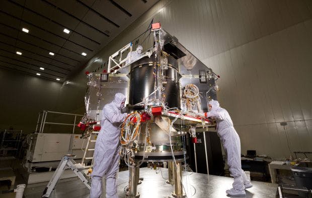 n a clean room facility near Denver, CO, Lockheed Martin technicians continue assembling NASA&apos;s OSIRIS-Rex spacecraft that will collect samples of an asteroid. (Image credit: Lockheed Martin)