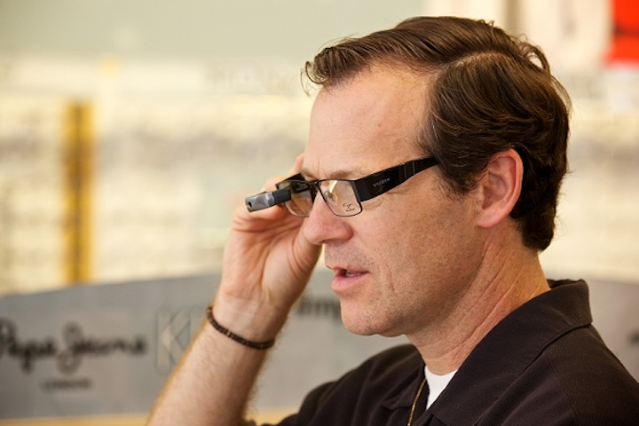 Vista, CA Chamber of Commerce CEO Bret Schanzebach tries out one of the wearable devices in Eyeglass World’s new smart glass collection. (Image credit: Eyeglass World)