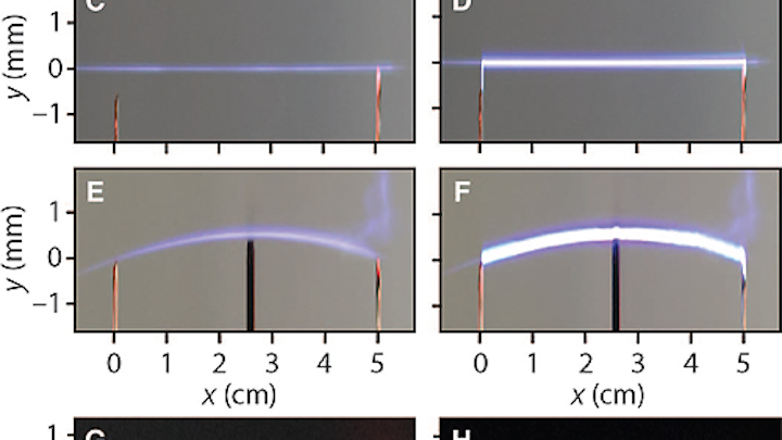 Different shapes of discharge are achieved based on the type of beam used. Images A and B: Gaussian beam (control); C and D: Bessel beam; E and F: Airy beam; G and H: S-shaped beam obtained by combining two conventional Airy beams. Left: Photographs taken when no voltage is applied (only the laser beam is visible). Right: Discharge in the presence of high voltage between the two electrodes. (Image credit: INRS)
