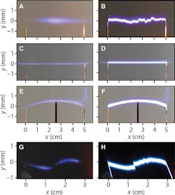 Different shapes of discharge are achieved based on the type of beam used. Images A and B: Gaussian beam (control); C and D: Bessel beam; E and F: Airy beam; G and H: S-shaped beam obtained by combining two conventional Airy beams. Left: Photographs taken when no voltage is applied (only the laser beam is visible). Right: Discharge in the presence of high voltage between the two electrodes. (Image credit: INRS) Different shapes of discharge are achieved based on the type of beam used. Images A and B: Gaussian beam (control); C and D: Bessel beam; E and F: Airy beam; G and H: S-shaped beam obtained by combining two conventional Airy beams. Left: Photographs taken when no voltage is applied (only the laser beam is visible). Right: Discharge in the presence of high voltage between the two electrodes. (Image credit: INRS)